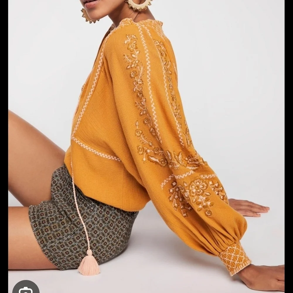 Free People Mustard Embroidered Blouse